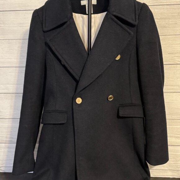 Share H&M Women’s Black Trench Coat Size 6 Wool Blend Long Button Front - Picture 3 of 7